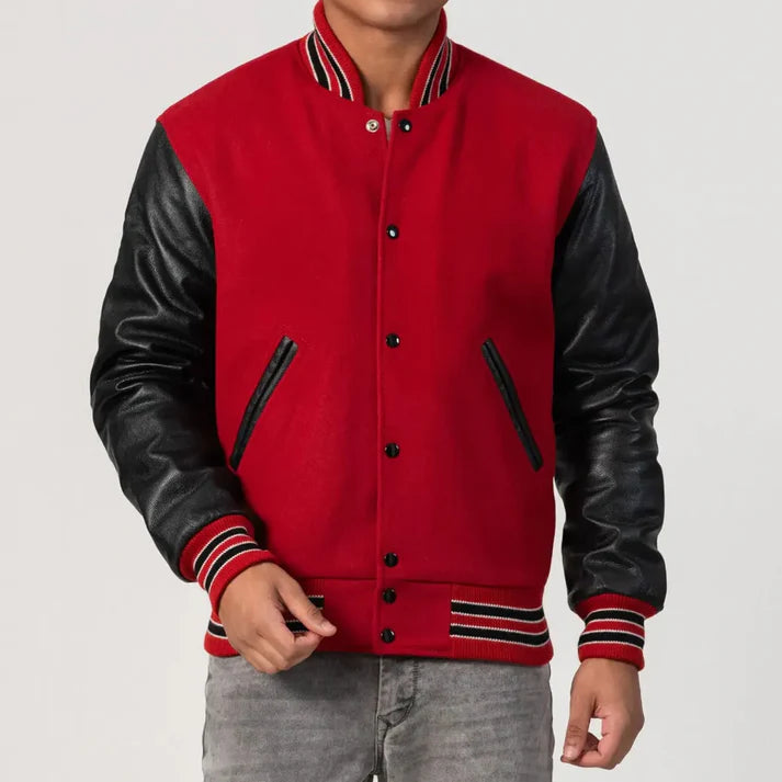 Men's Scarlet Red & Black Wool Varsity Jacket