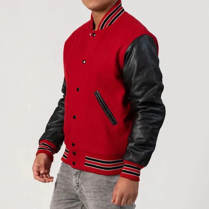 Men's Scarlet Red & Black Wool Varsity Jacket - Image 2