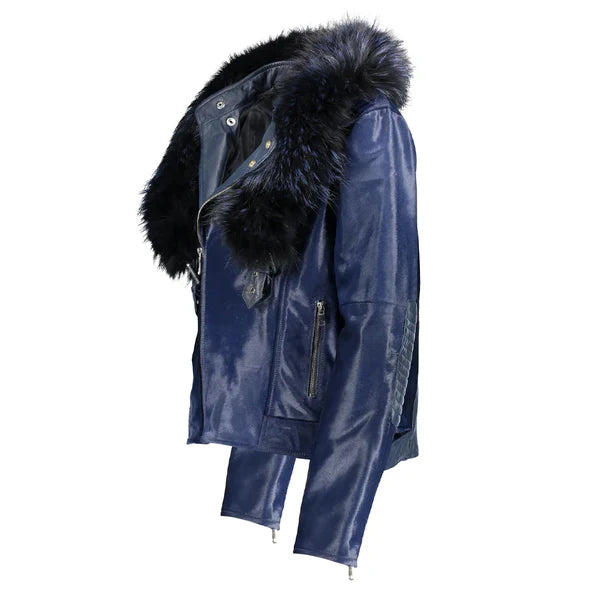 Women's Blue Tara Calf Faux Shearling Leather Jacket - Image 2