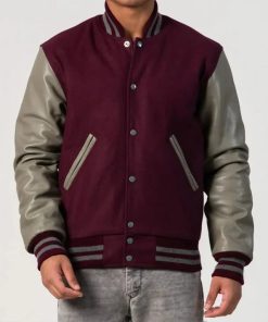 Men's Maroon & Grey Leather Sleeves Varsity Jacket