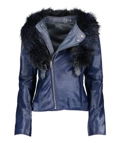 Women's Blue Tara Calf Faux Shearling Leather Jacket