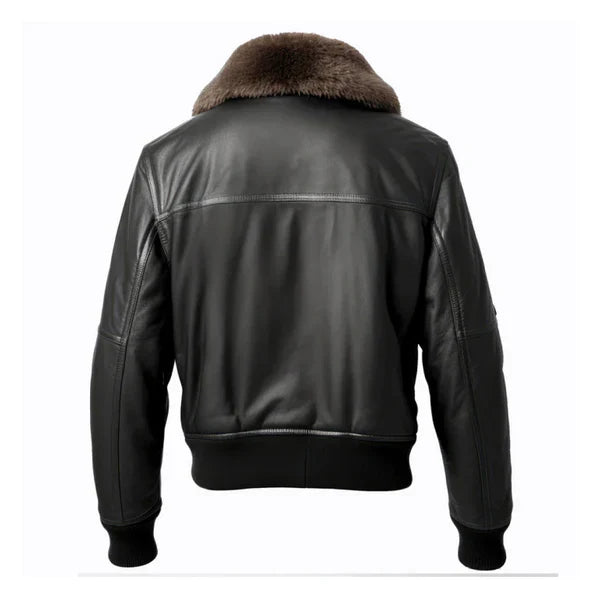 Men's B3 Aviation Lapel Black Faux Shearling Leather Jacket - Image 2