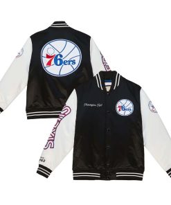NBA Philadelphia 76ers Mitchell & Ness Team Origins Satin Full-Snap Varsity Jacket - Black by TJS