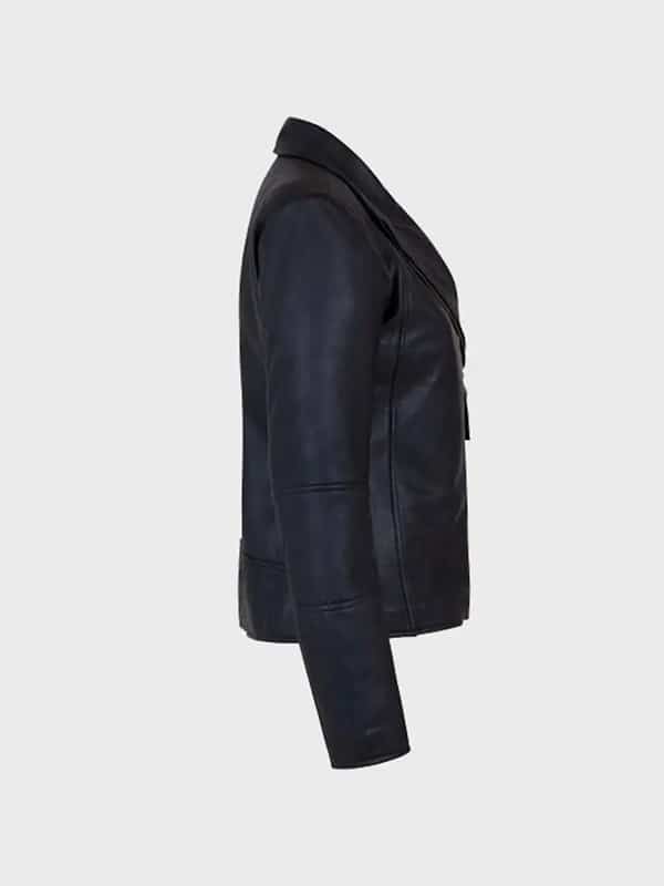 Womens Shawl Collar Black Leather Jacket - Image 2