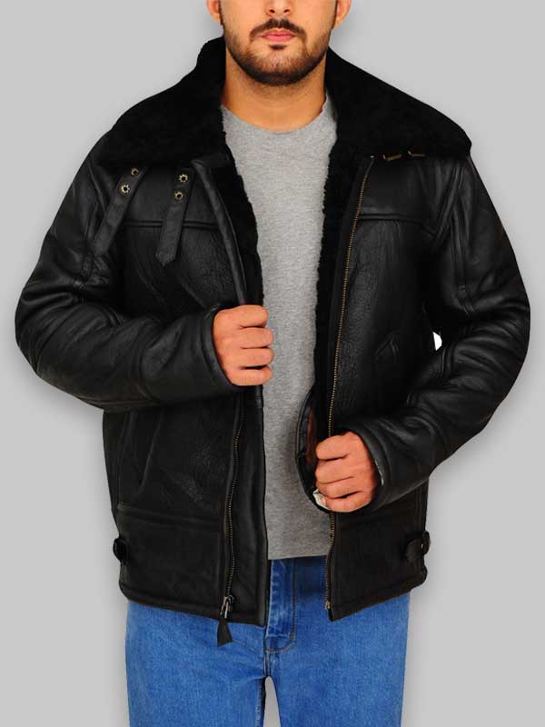 Men Aviator Bomber Black Sheepskin Leather Jacket - Image 3