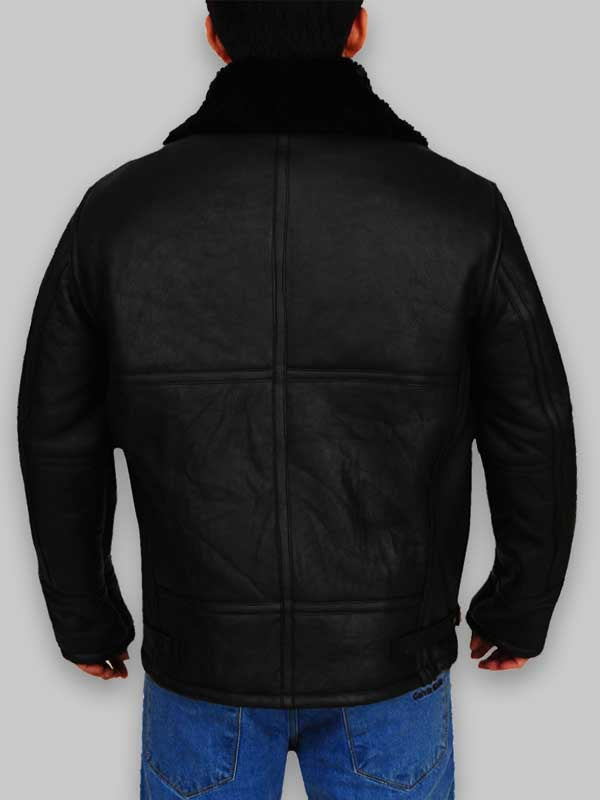 Men Aviator Bomber Black Sheepskin Leather Jacket - Image 6