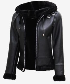 Women's Black Shearling Leather Hooded Jacket