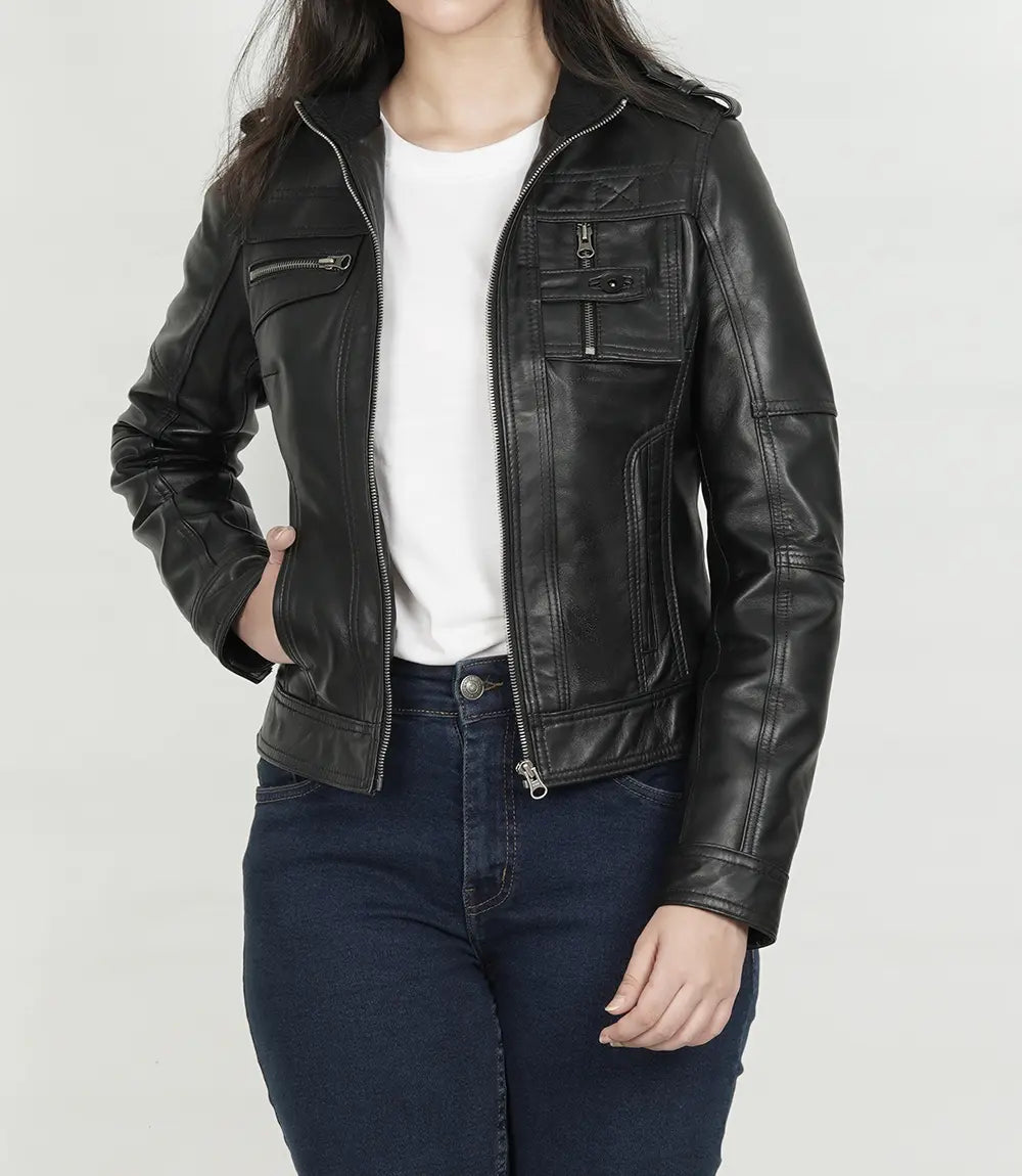 Women's Black Moto Leather Jacket - Classic Biker Style