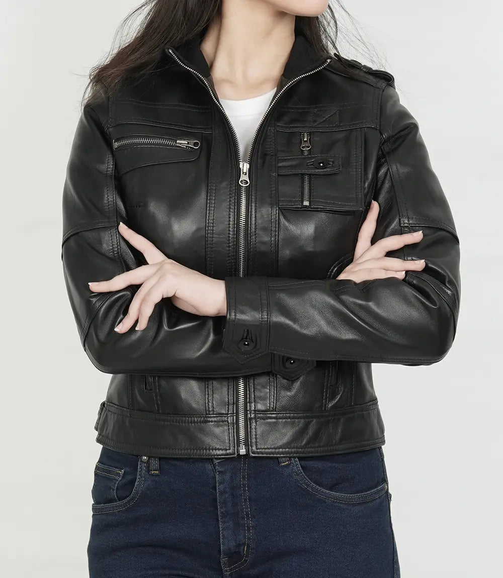 Women's Black Moto Leather Jacket - Classic Biker Style - Image 2