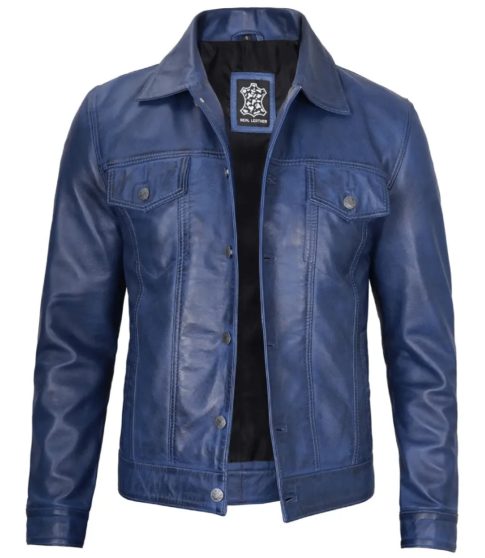 Men's Blue Real Lambskin Leather Trucker Jacket - Image 2