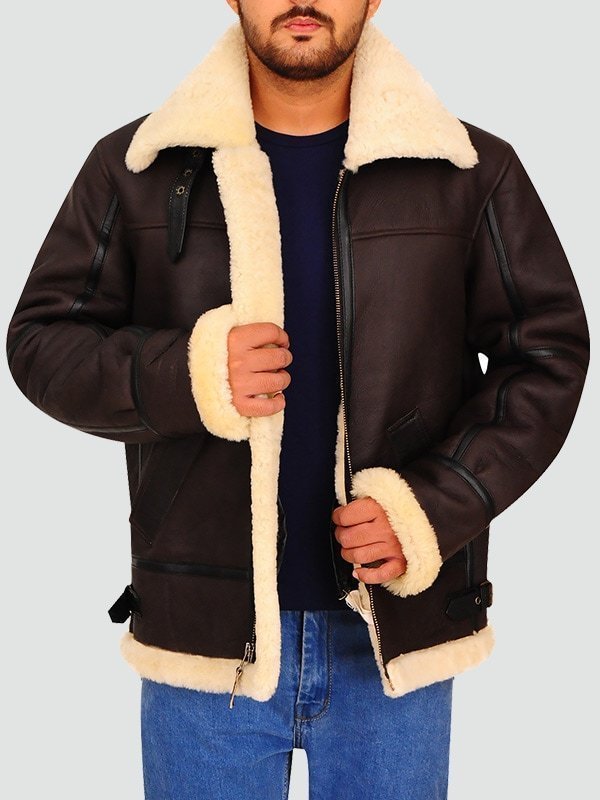 Mens Bomber Leather Aviator Shearling Jacket - Image 2