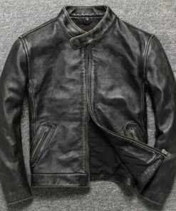 Cafe Racer Vintage Motorcycle Distressed Black Waxed Genuine Leather Jacket