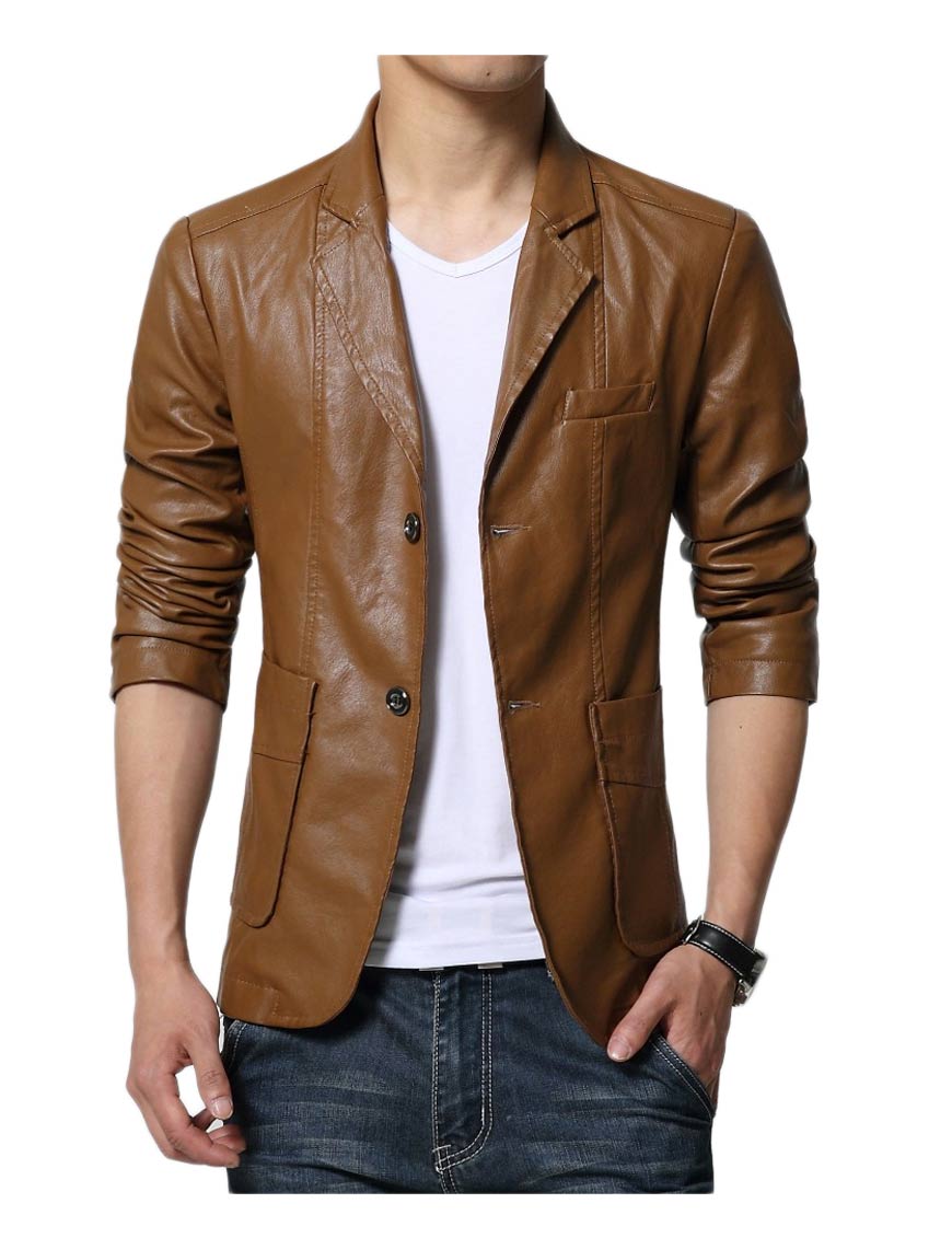 Casual Wear Slim Fit Brown Leather Blazer Men