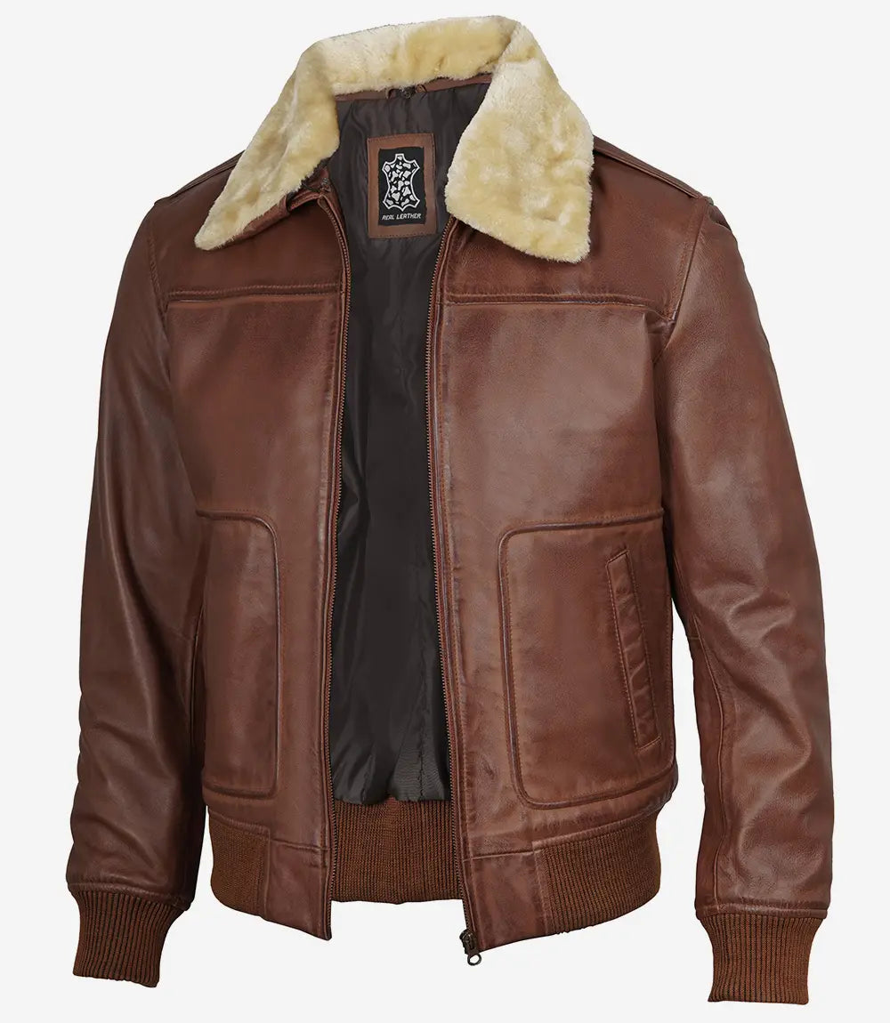 Men's Fur Collar Cognac Leather Bomber Jacket