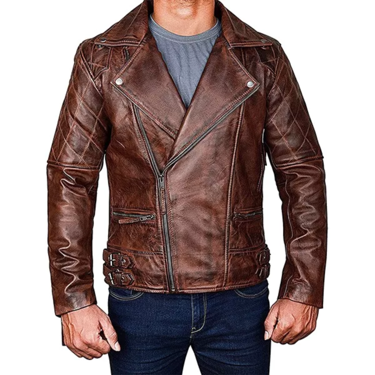 Men's Diamond Quilted Distressed Leather Jacket - Image 2