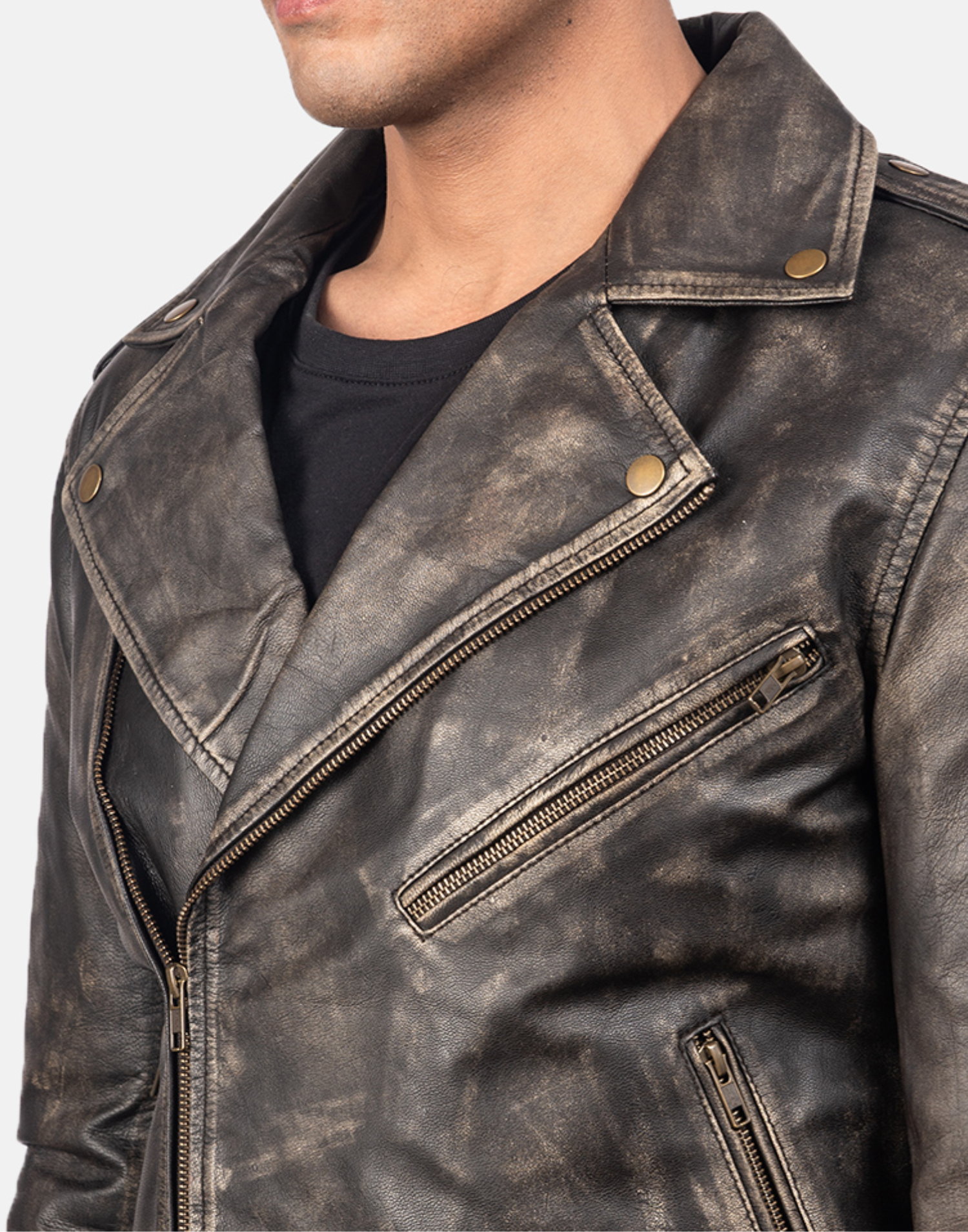 Distressed Brown Allaric Alley Biker Leather Jacket - Image 3