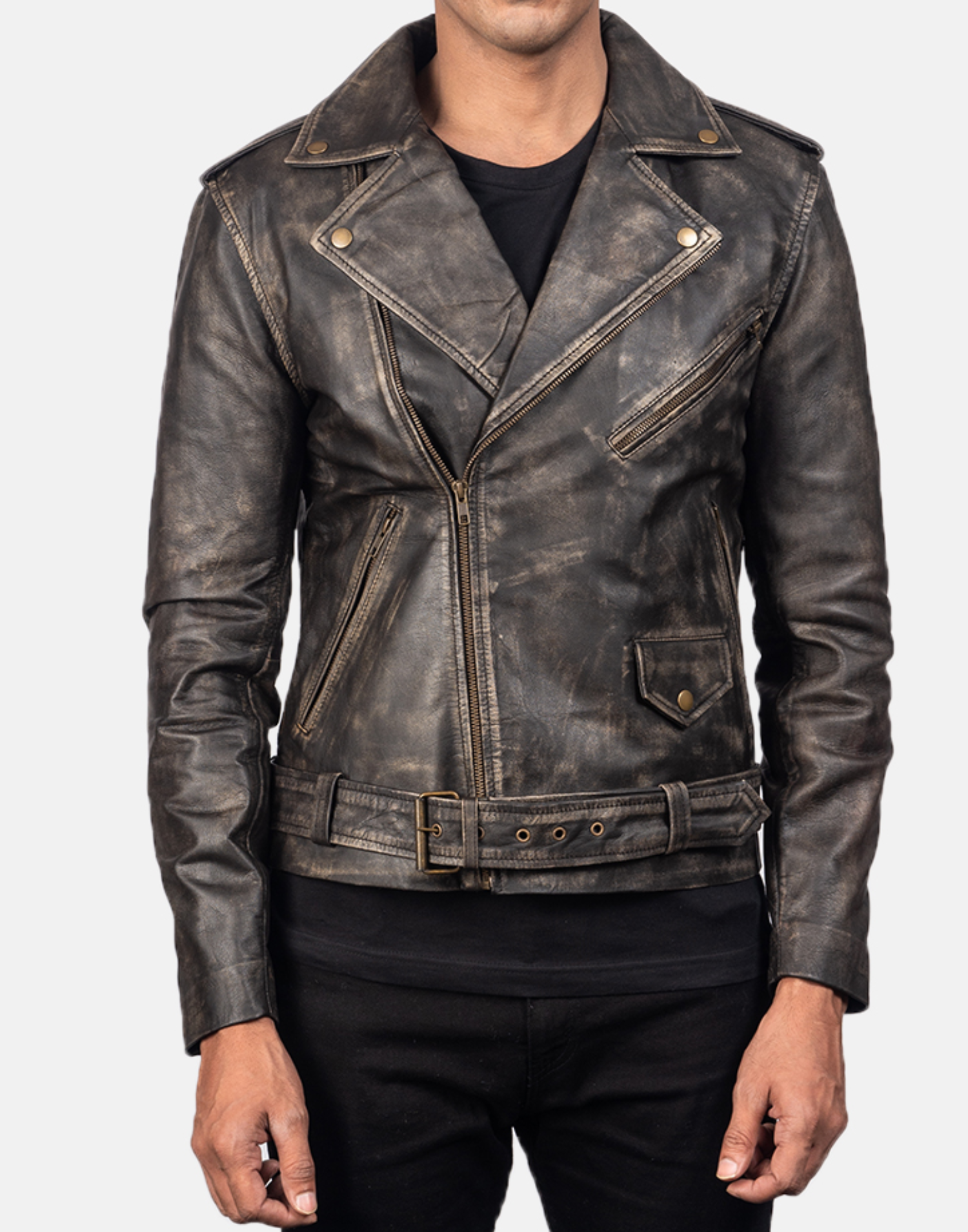 Distressed Brown Allaric Alley Biker Leather Jacket - Image 4
