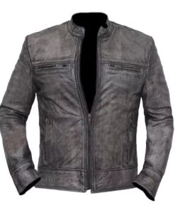Vintage Distressed Grey Biker Motorcycle Genuine Real Leather Jacket