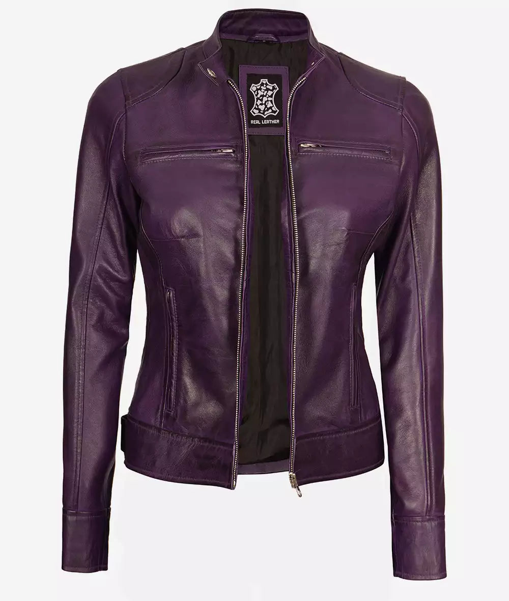 Dodge Women's Purple Cafe Racer Real Lambskin Leather Jacket
