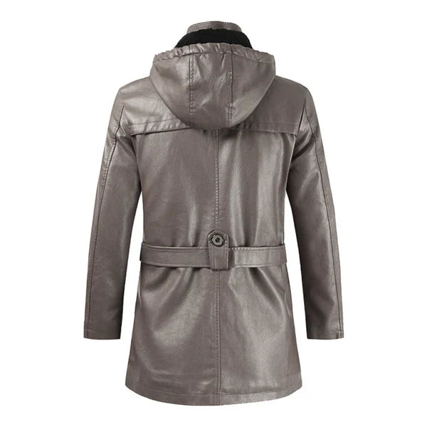 Fashion Hooded Long Camel Leather Motorcycle Coat - Image 2