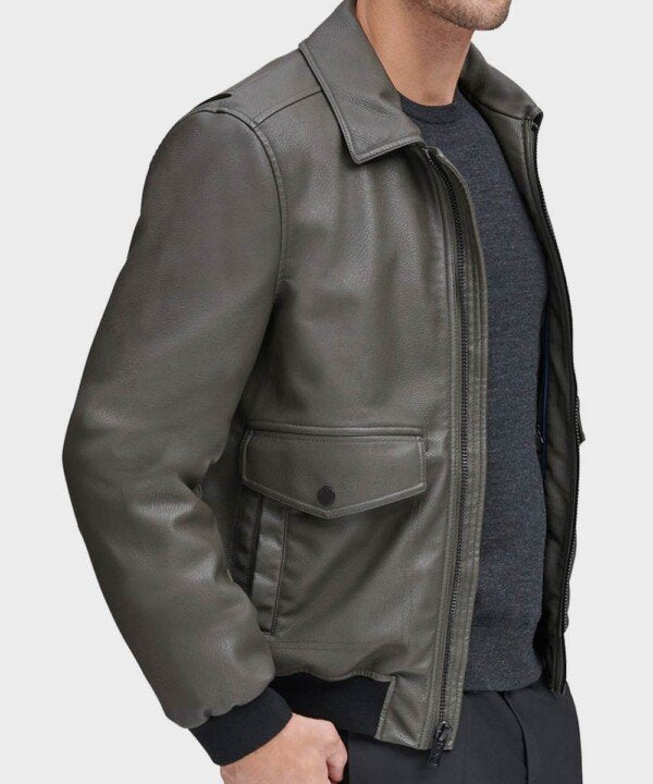 Mens Genuine Grey Leather Bomber Jacket - Image 2