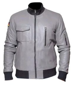 German Flight Luftwaffe Grey Genuine Real Leather Jacket with German Flag