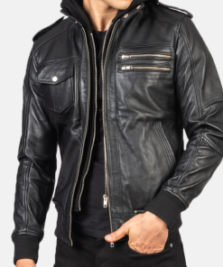 Bravado Black Hooded Leather Bomber Jacket