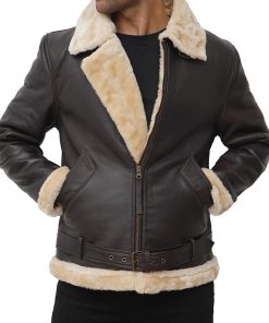 Men's Dark Brown Shearling Bomber Jacket Made of Real Leather