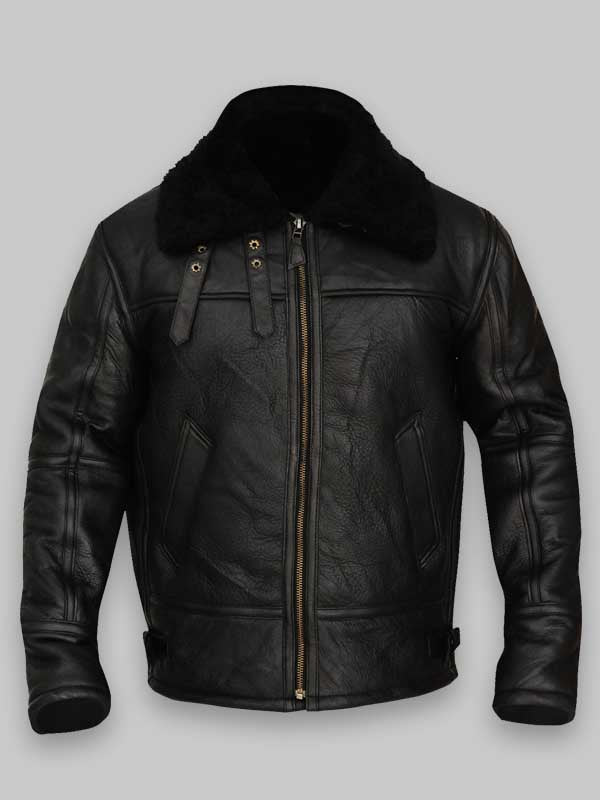 Men Aviator Bomber Black Sheepskin Leather Jacket