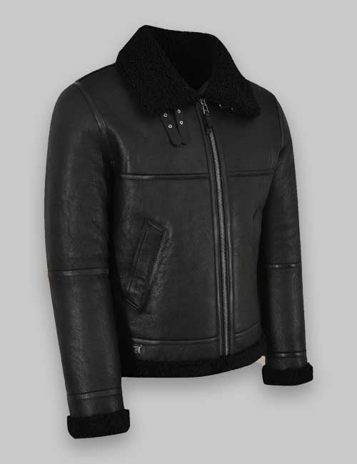 RAF Style Jet Black Shearling Leather Jacket Men - Image 2
