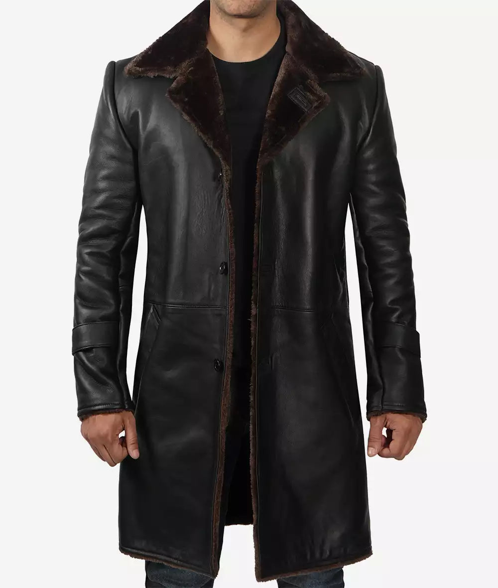 Men's Black 3/4 Length Shearling Coat - Winter Coat - Image 2