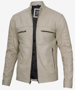 Men's Classic Beige Cafe Racer Leather Jacket