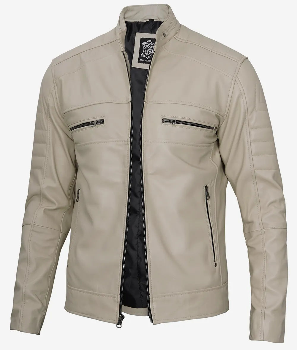 Men's Classic Beige Cafe Racer Leather Jacket