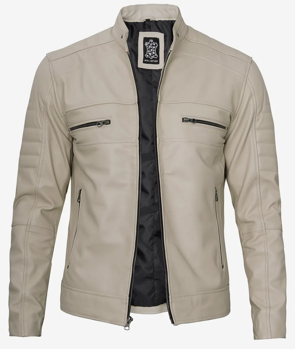 Men's Classic Beige Cafe Racer Leather Jacket - Image 2