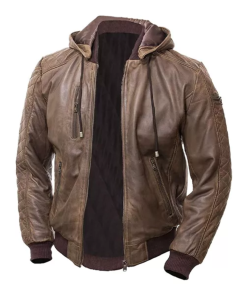 Men’s Brown Leather Hooded Jacket