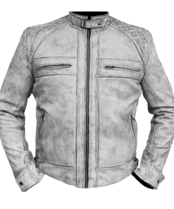 Men’s Cafe Racer Motorcycle Quilted Distressed Grey Jacket