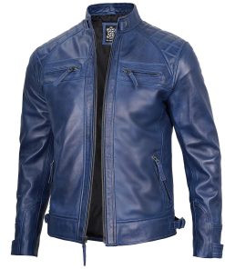 Men's Blue Cafe Racer Leather Jacket - Quilted Shoulder