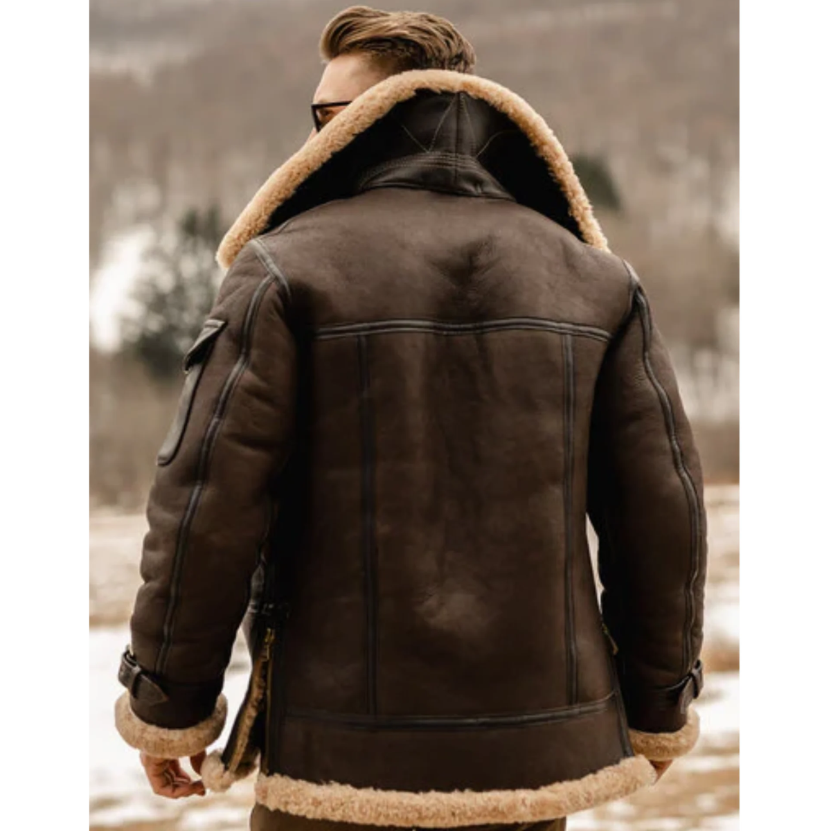Men’s Brown B3 Flying Shearling Leather Long Jacket - Image 2