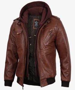 Men's Brown Leather Bomber Jacket With Removable Hood