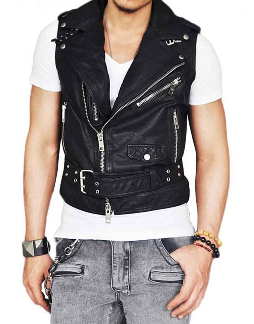 Men’s Asymmetrical Belted Black Leather Vest