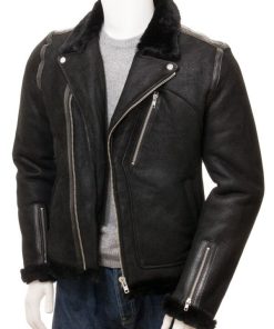 Men’s Black Biker Shearling Leather Jacket