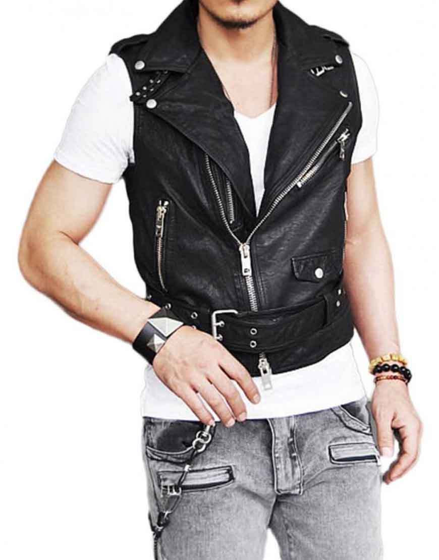 Men’s Asymmetrical Belted Black Leather Vest - Image 3