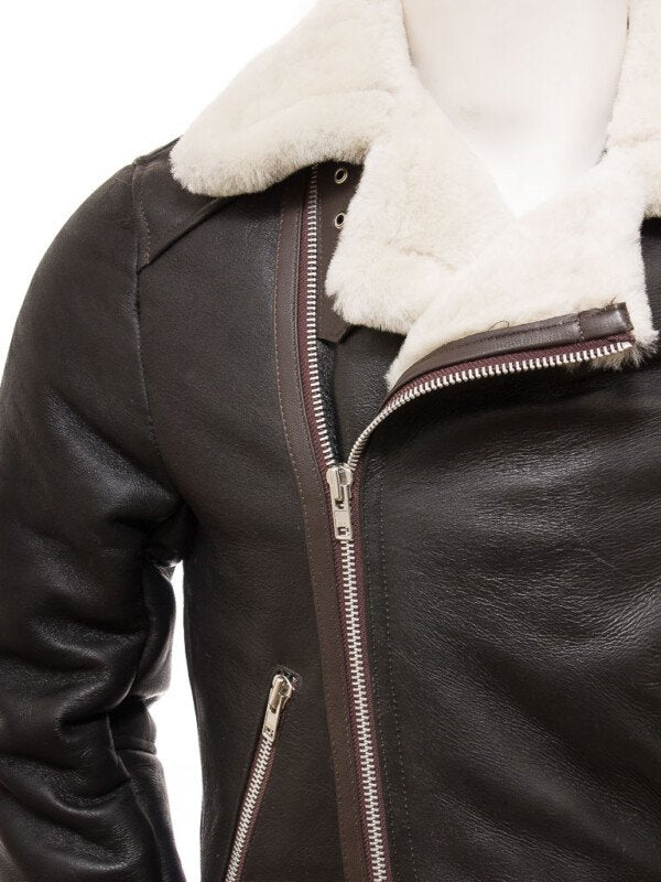 Men’s Brown Shearling Biker Jacket - Image 3