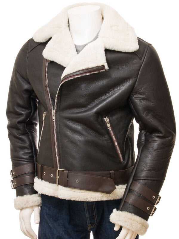 Men’s Brown Shearling Biker Jacket - Image 4