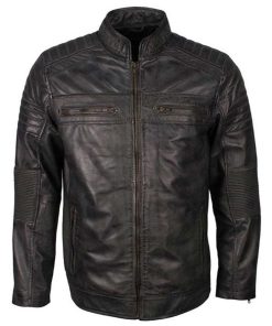 Vintage Style Mens Cafe Racer Grey Waxed Leather Jacket