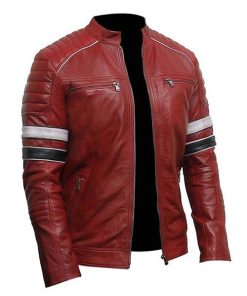 Mens Cafe Racer Red Striped Leather Jacket