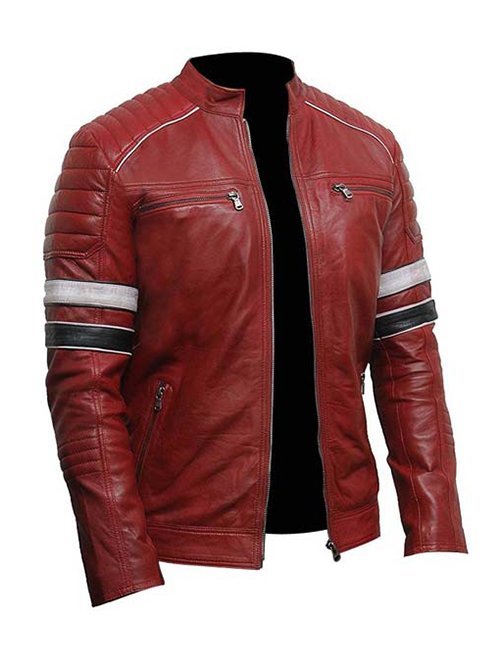 Mens Cafe Racer Red Striped Leather Jacket