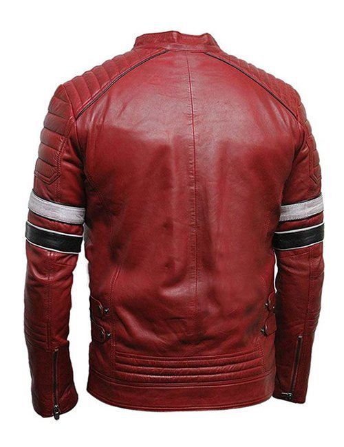 Mens Cafe Racer Red Striped Leather Jacket - Image 2