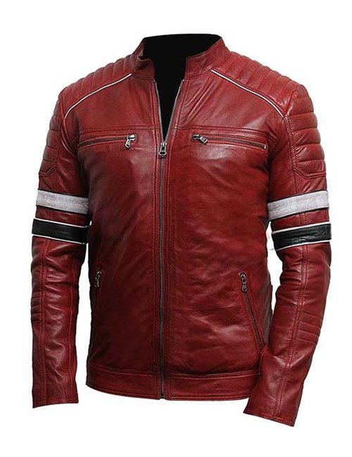 Mens Cafe Racer Red Striped Leather Jacket - Image 3
