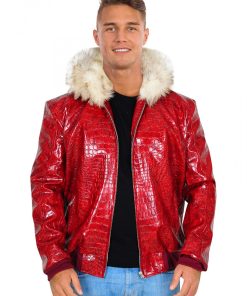 Mens Ebullient Alligator Textured Red Faux Leather Jacket